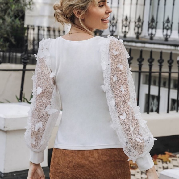 white butterfly square neck sheer long sleeve top - Picture 3 of 4